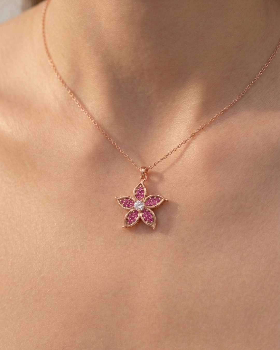 Ruby Bloom Flower Necklace In Rose Gold