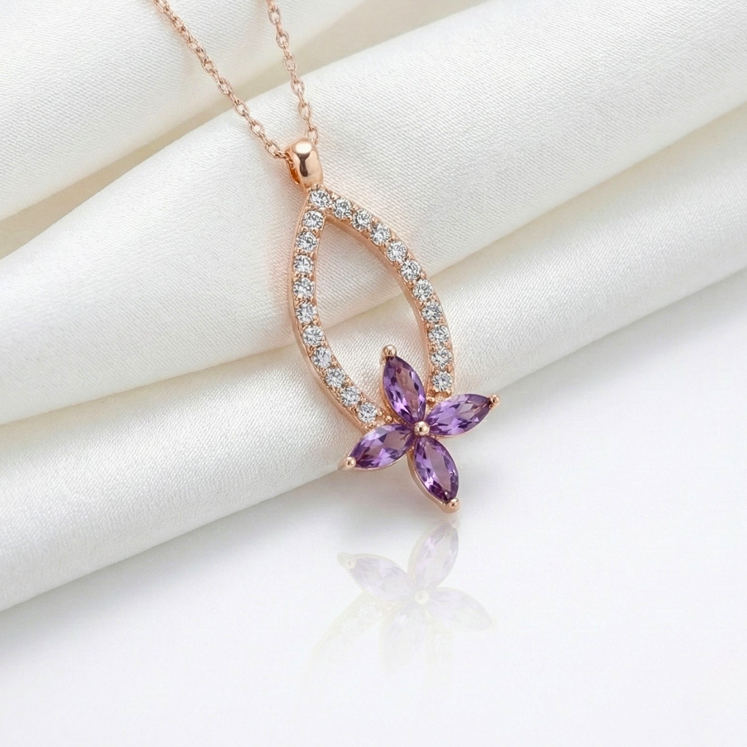 Amethyst Petal Drop Necklace In Rose Gold