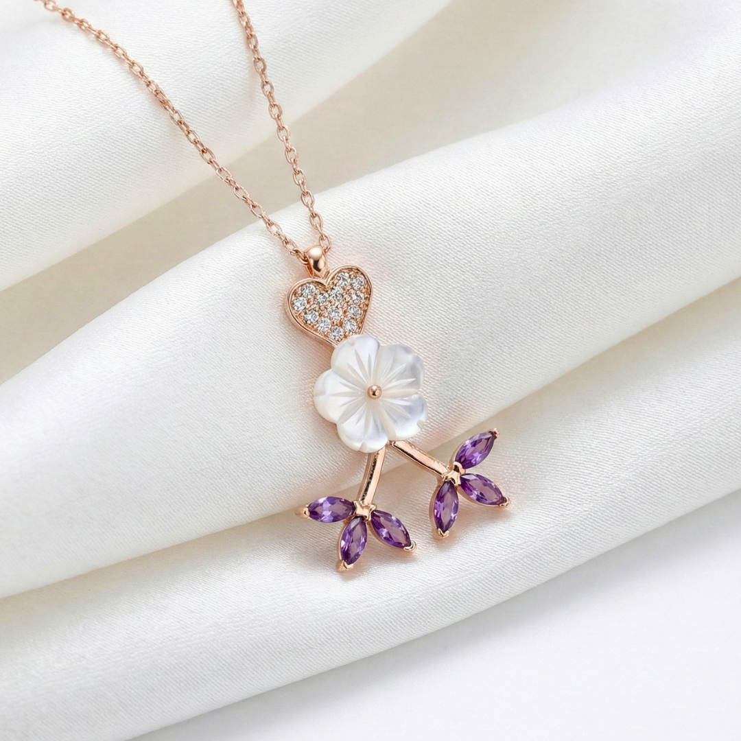 Violet Fleur Heart Necklace In Rose Gold