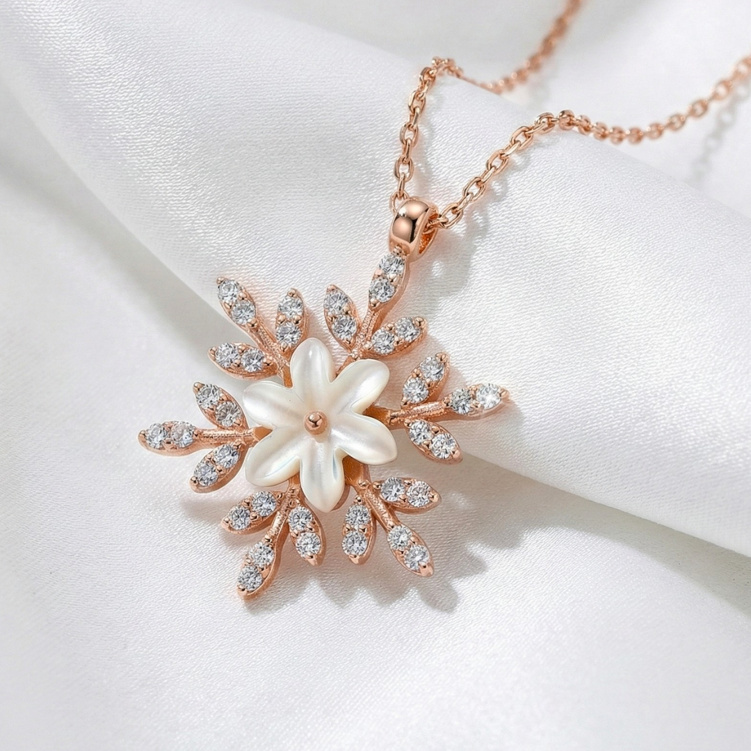 Crystal Snowflake Flower Necklace In Rose Gold
