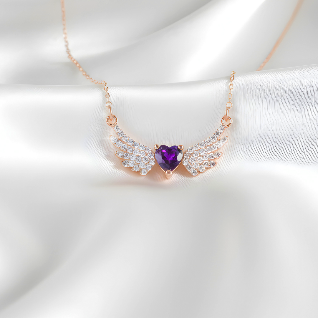 Amethyst Angel Wing Heart Necklace In Rose Gold