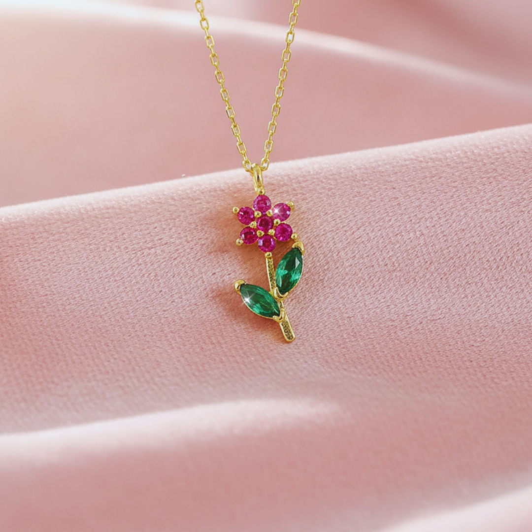 Flower Innocence Fuchsia & Emerald Necklace In Gold