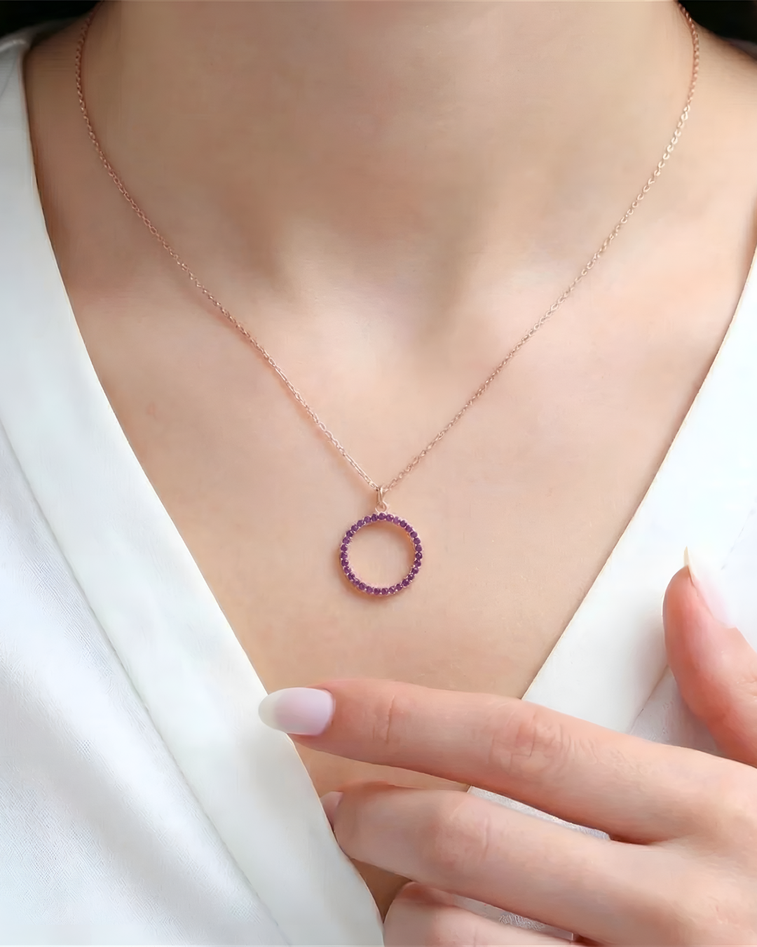 Amethyst Halo Circle Necklace In Rose Gold