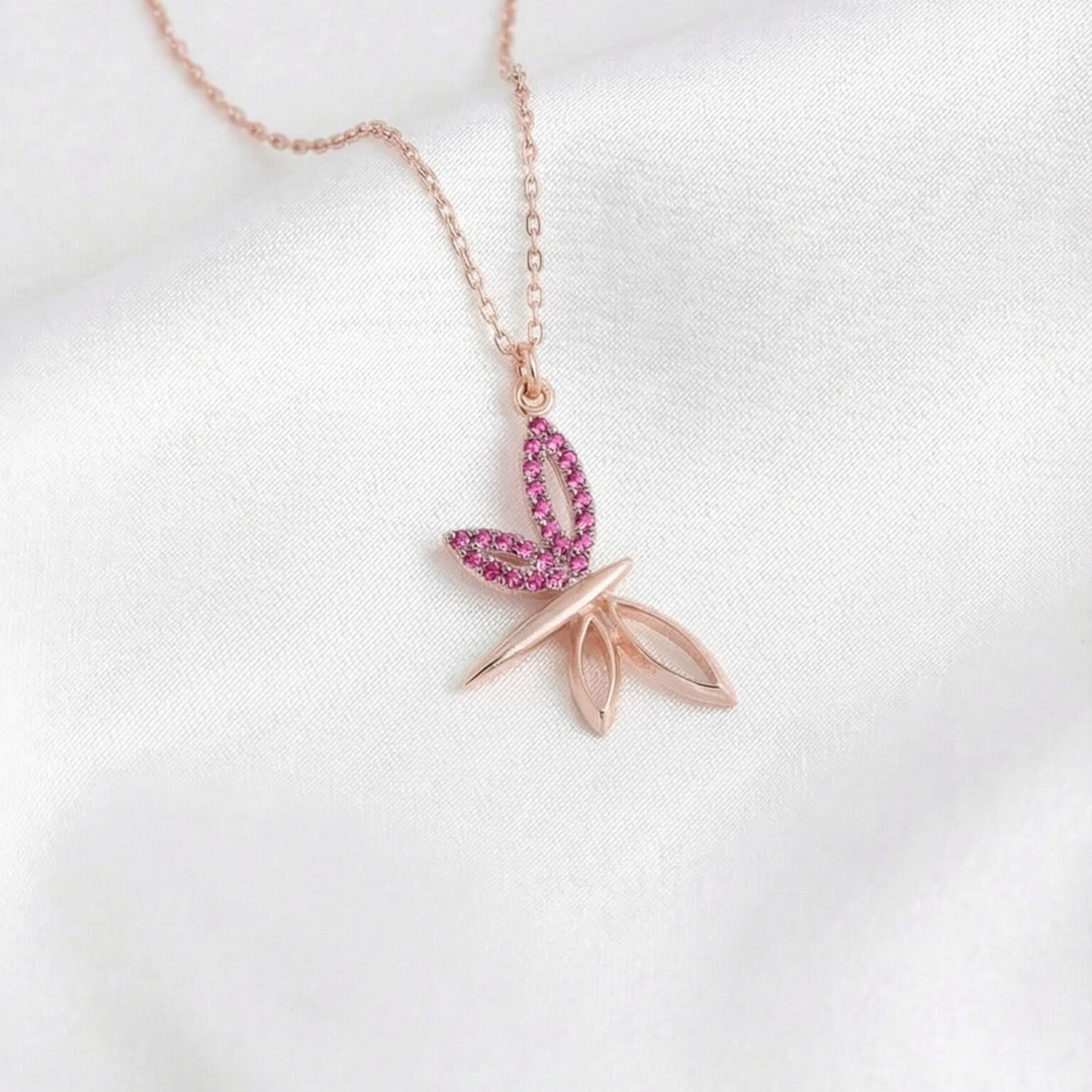 Fuchsia Dragonfly Necklace In Rose Gold
