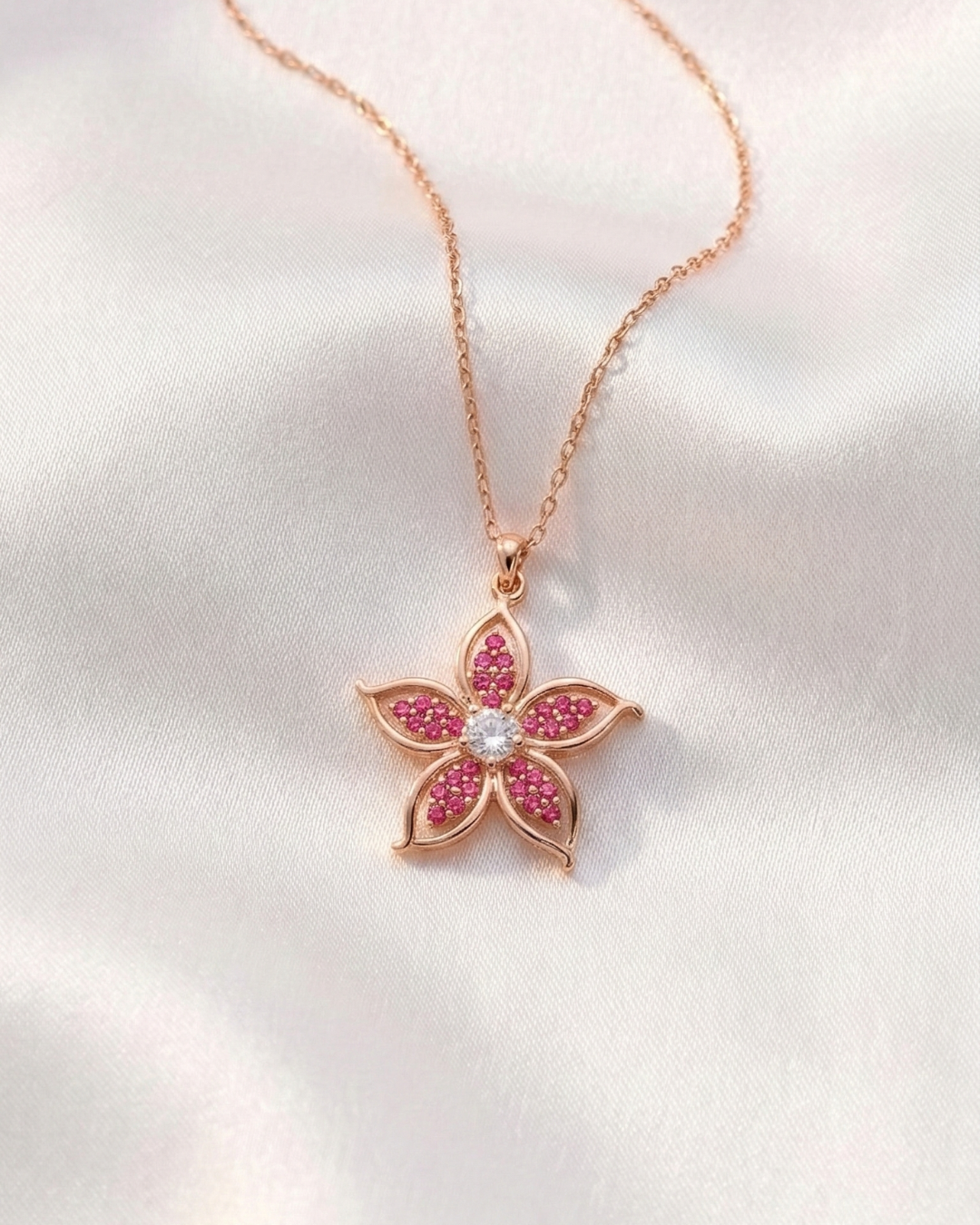 Ruby Bloom Flower Necklace In Rose Gold