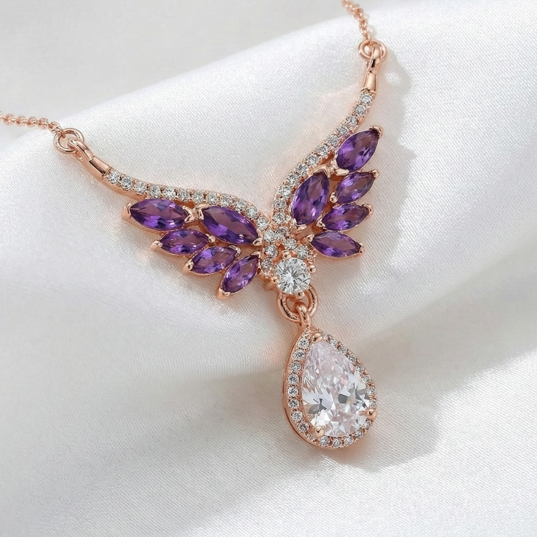 Amethyst Angel‑Wing Teardrop Necklace In Rose Gold