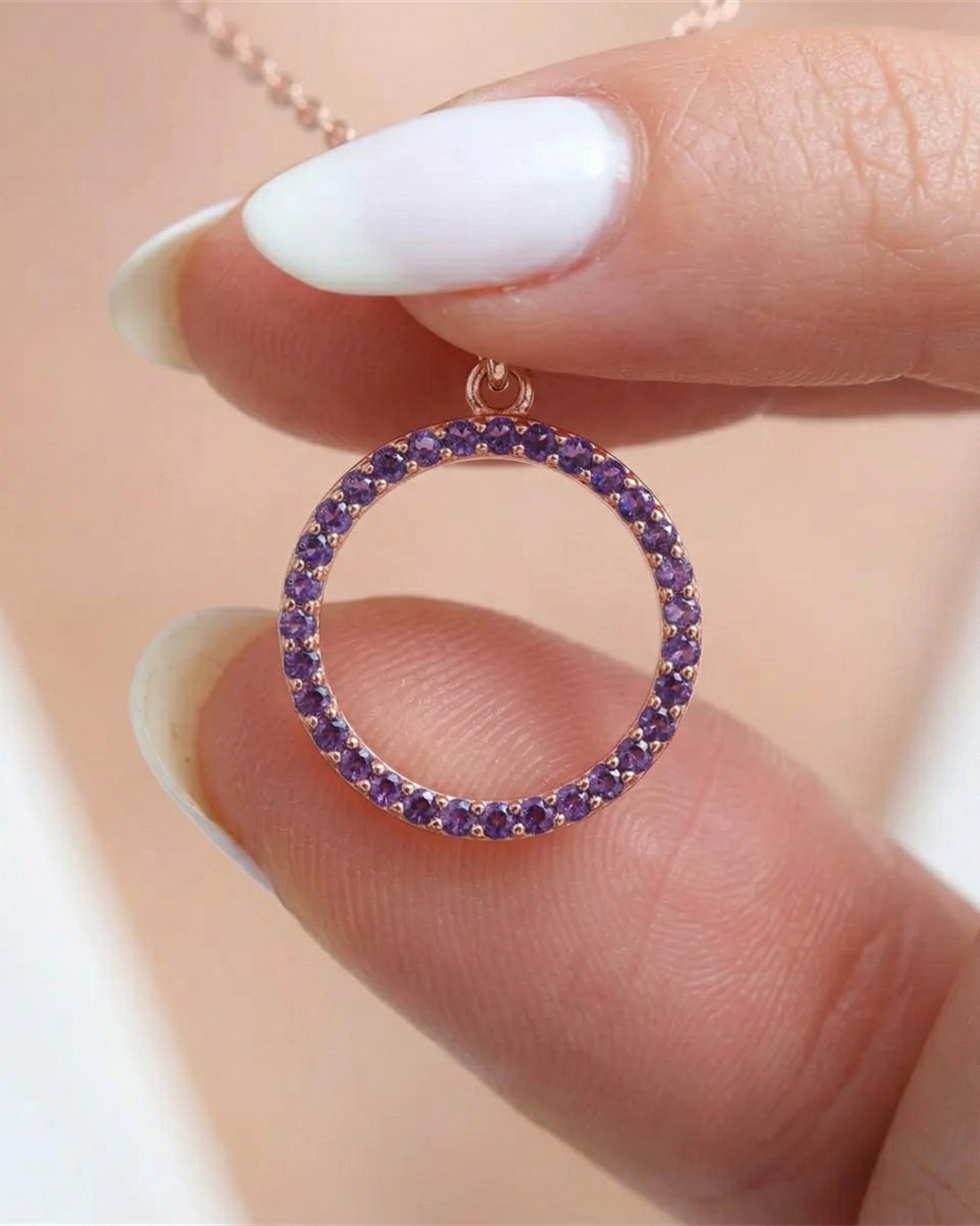 Amethyst Halo Circle Necklace In Rose Gold