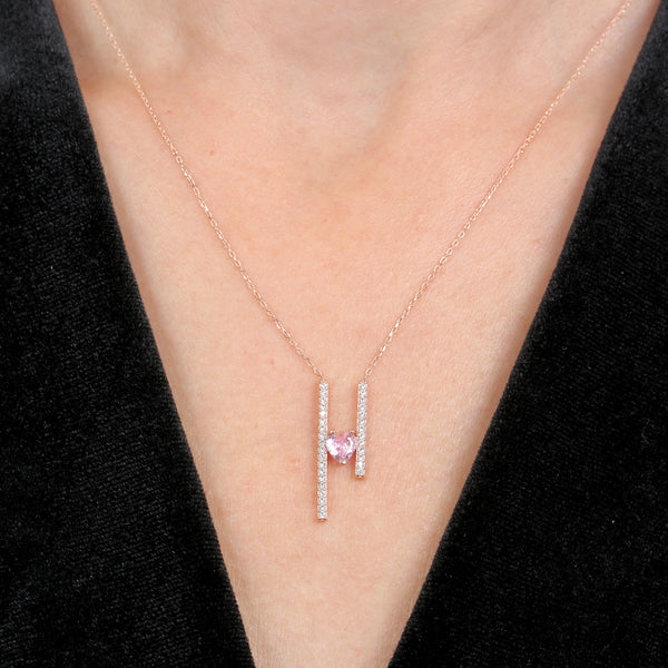 Pink Heart Bar Necklace In Rose Gold