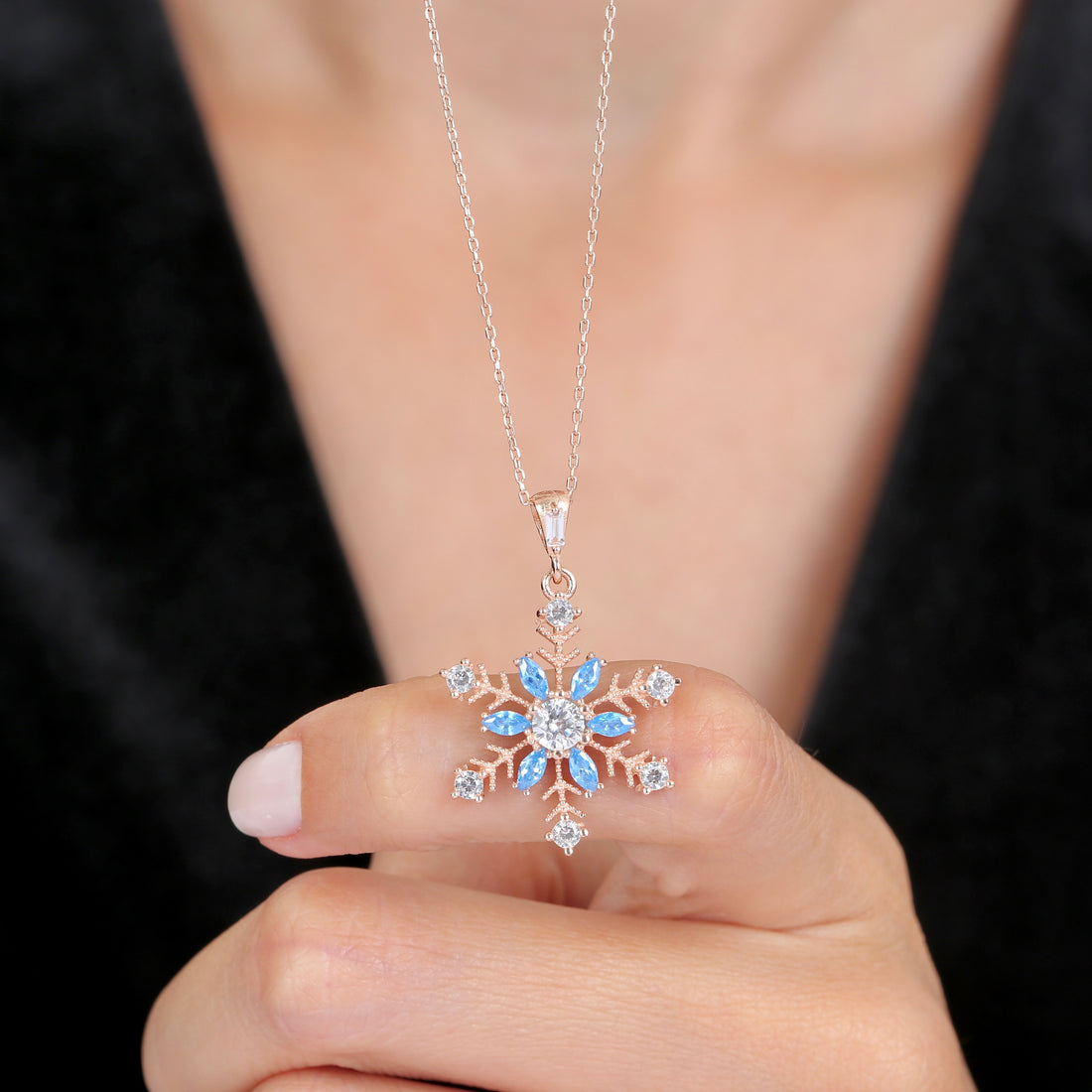 Sky Blue Crystal Snowflake Necklace In Rose Gold