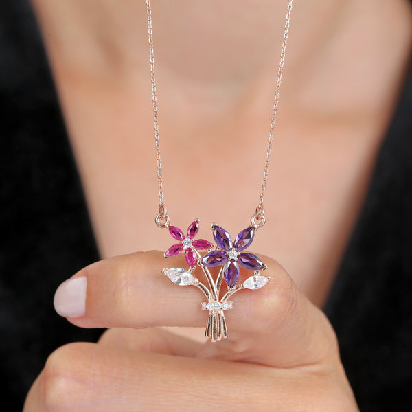 Rose Silver Fuchsia & Amethyst Love Bouquet Necklace