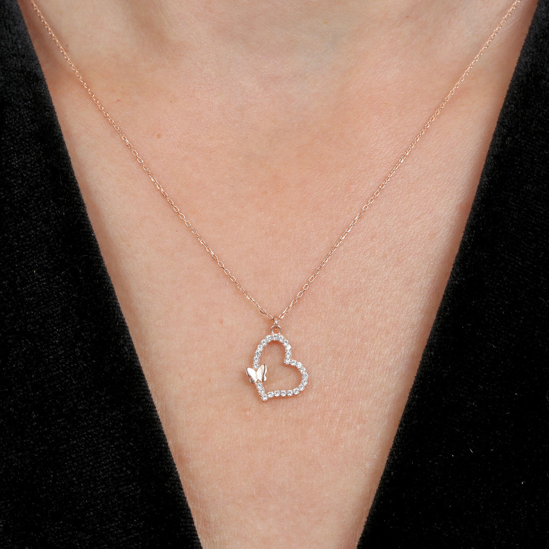 Fuchsia Heart & Butterfly Necklace In Rose Gold