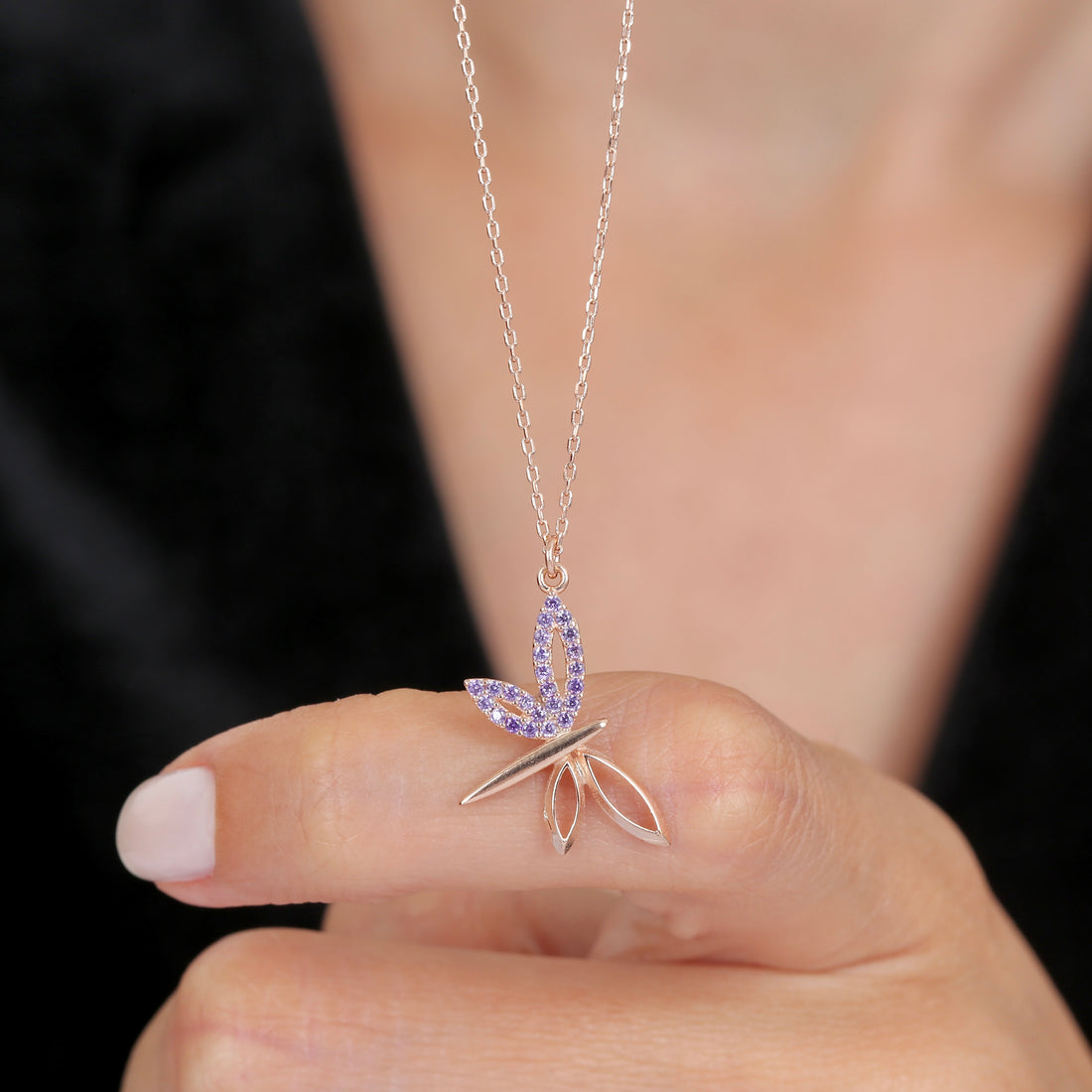 Amethyst Dragonfly Necklace In Rose Gold