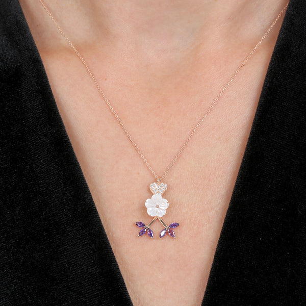 Violet Fleur Heart Necklace In Rose Gold