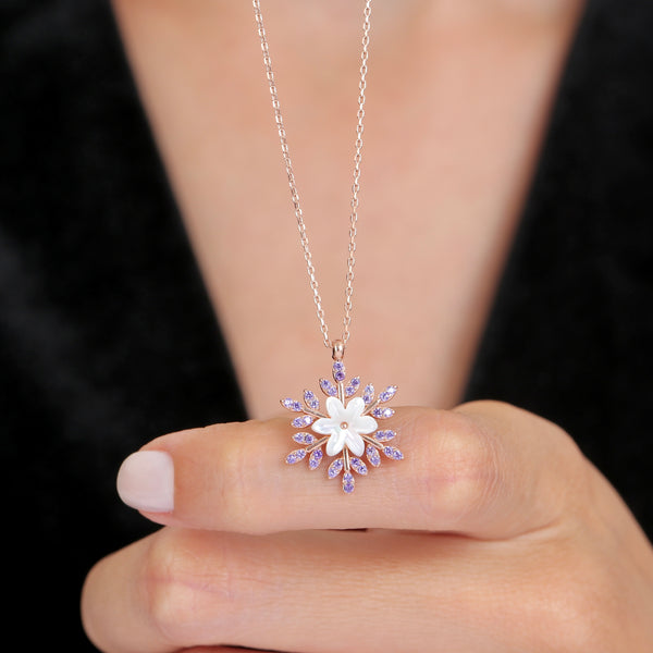 Purple Amethyst Snowflake Flower Necklace In Rose Gold