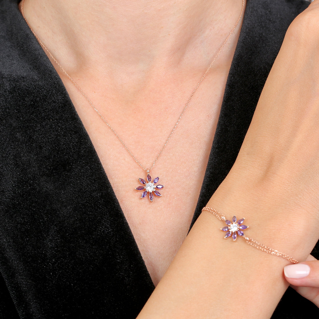 Rose Gold Amethyst Blossom Jewelry Set