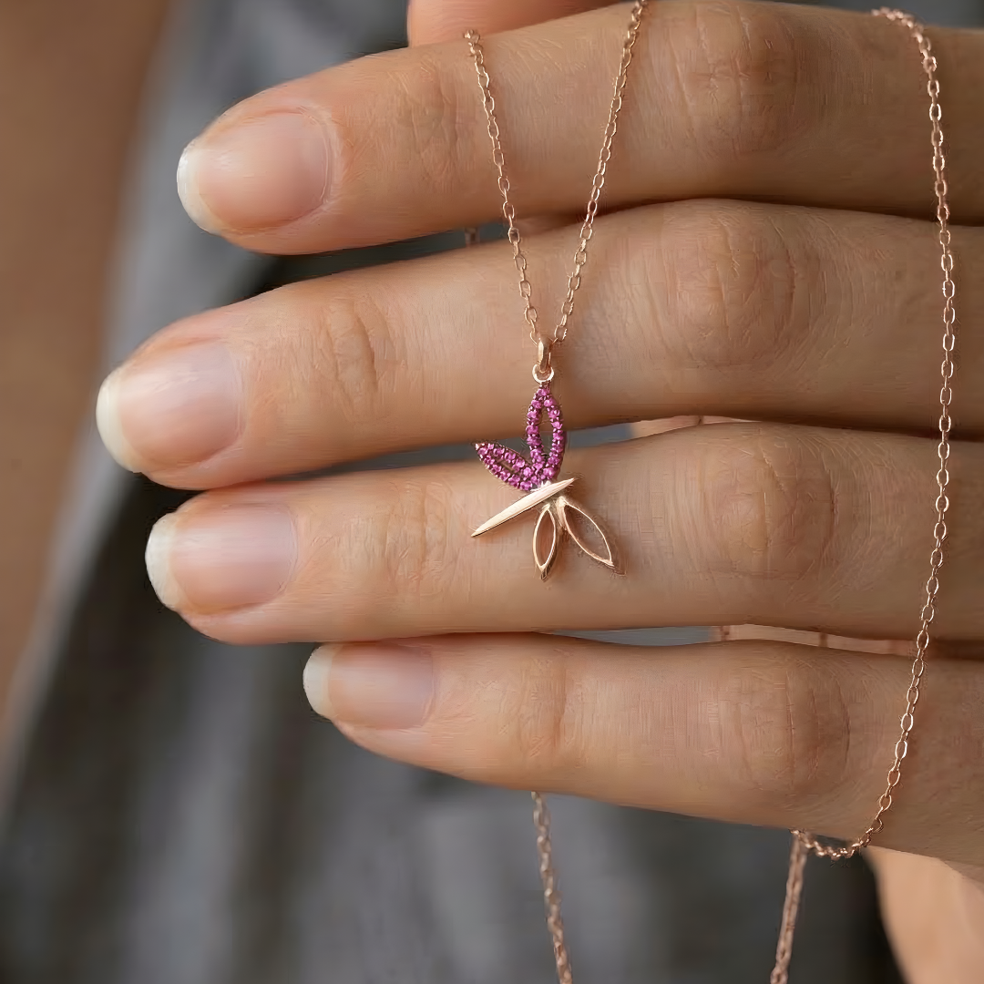 Fuchsia Dragonfly Necklace In Rose Gold