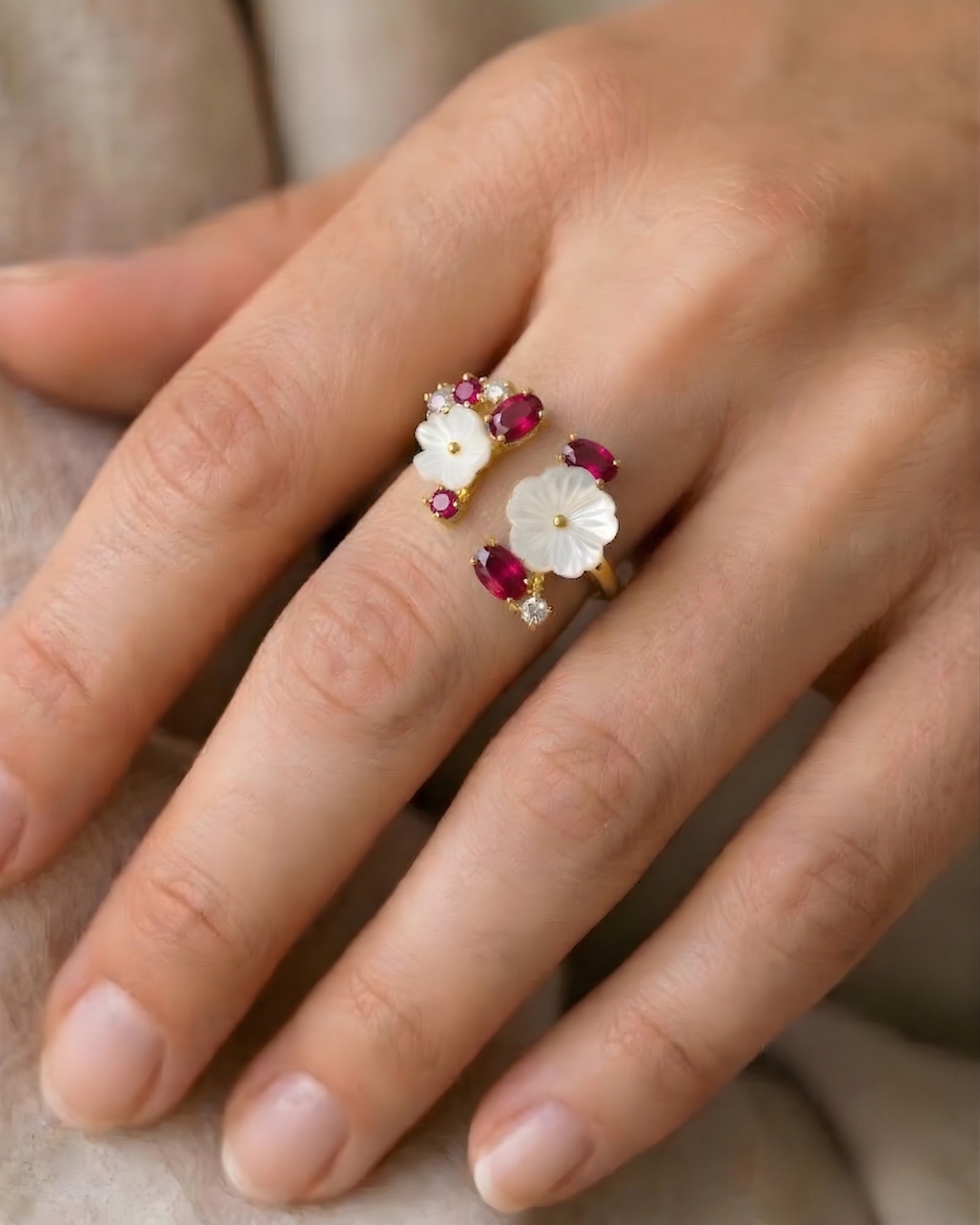 Ruby Magnolia Love Flower Open Ring in Gold