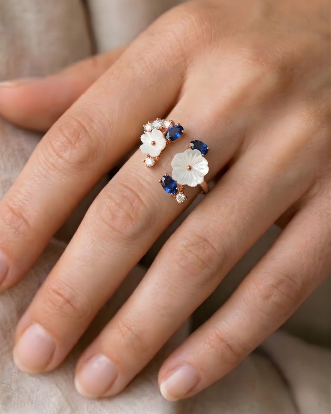 Sapphire Magnolia Love Flower Open Ring in Rose Gold