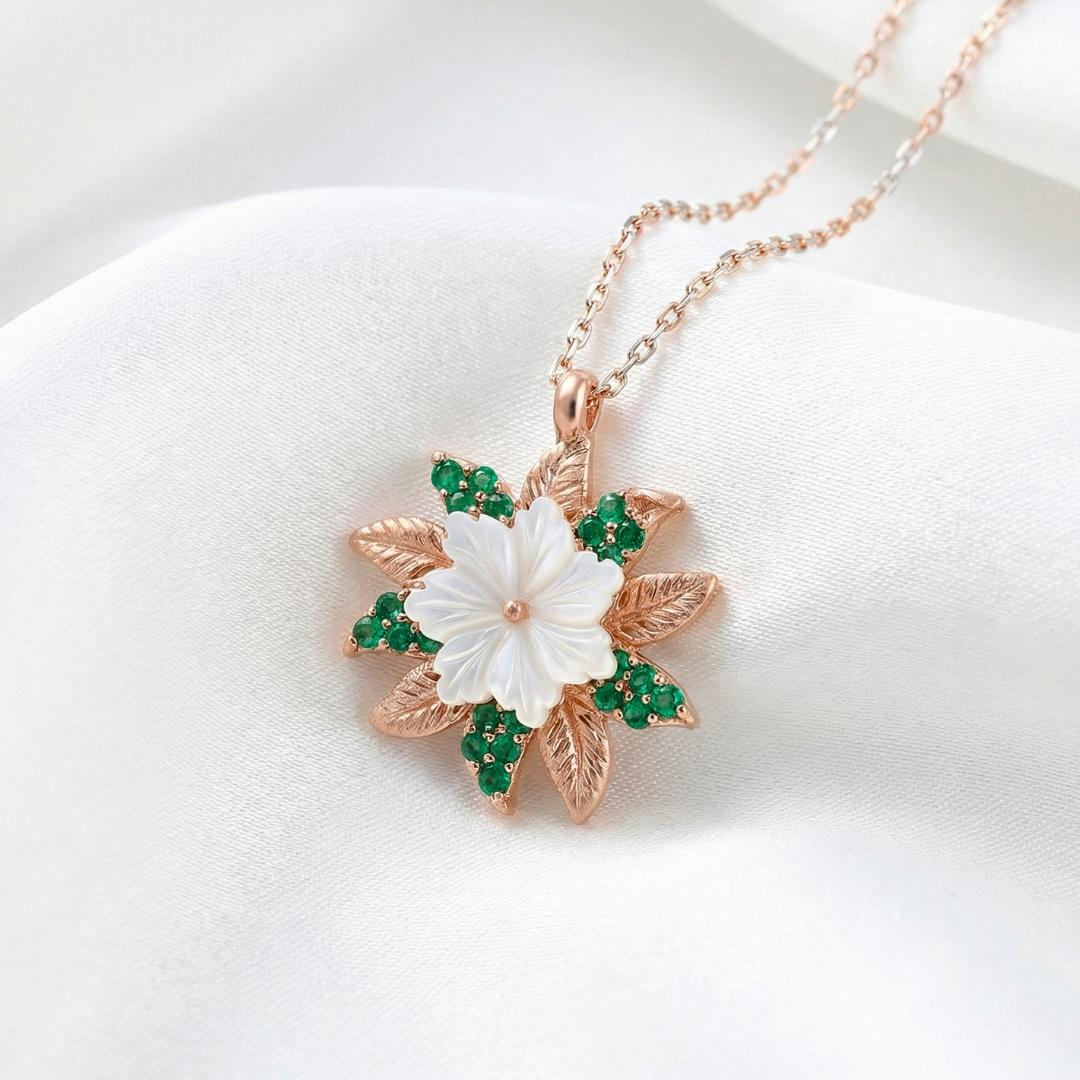 Sparkling Sun Magnolia Necklace in Rose Gold