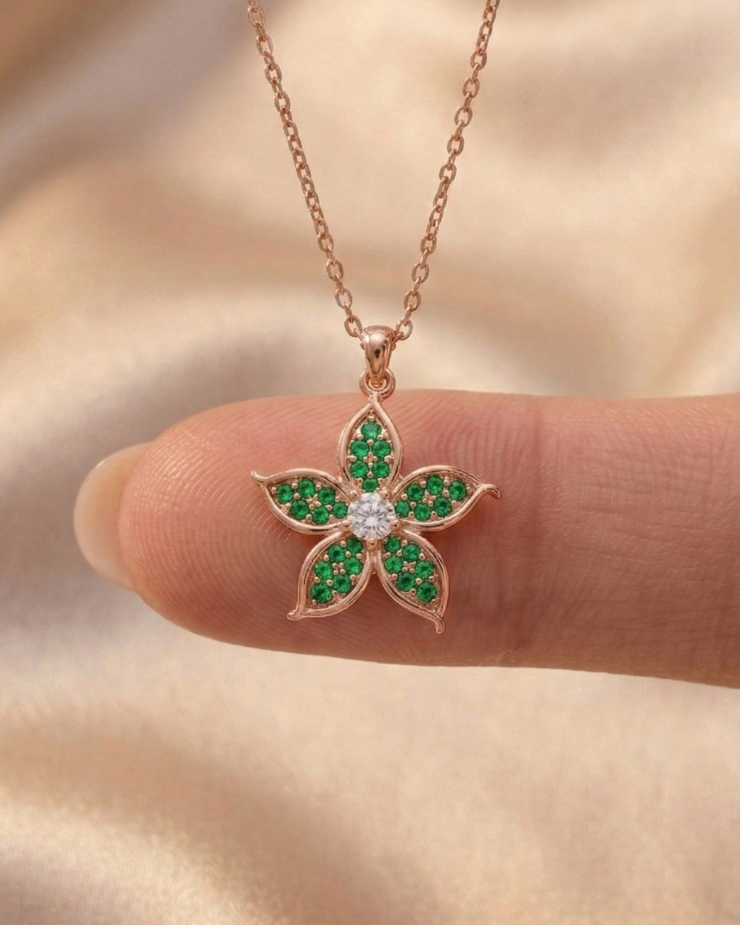 Emerald Bloom Flower Necklace In Rose Gold