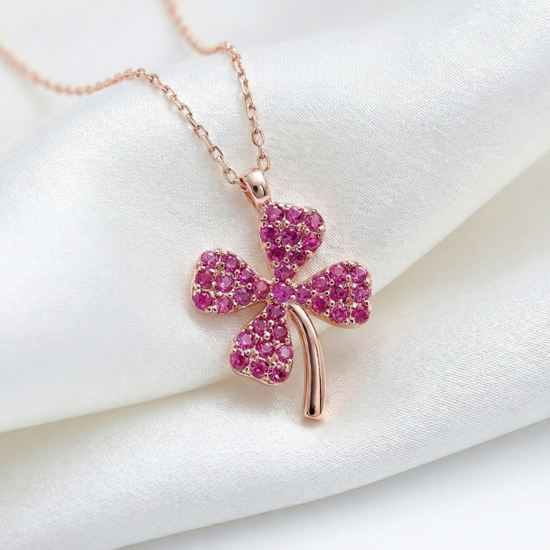 Fuchsia Clover Sparkle Necklace In Rose Gold