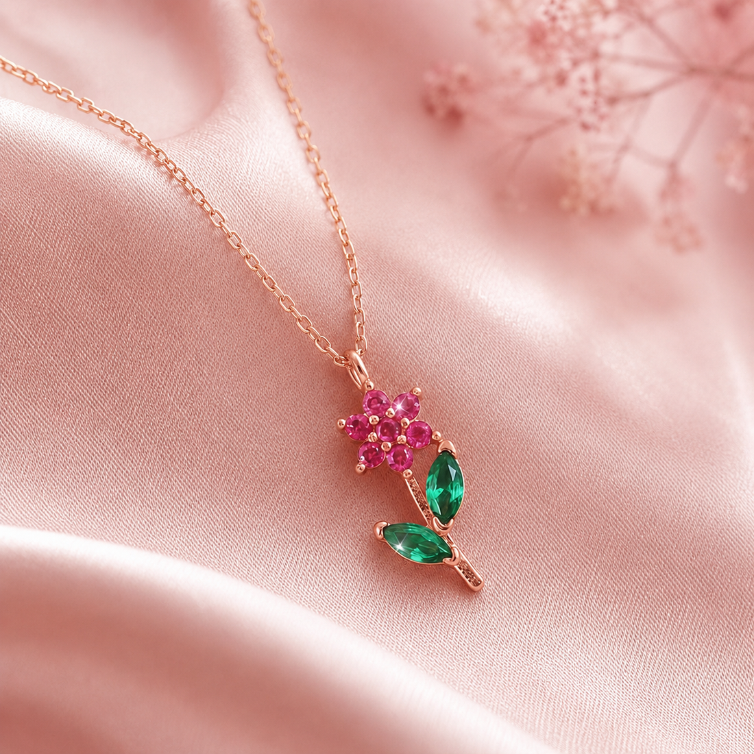 Flower Innocence Fuchsia & Emerald Necklace In Rose Gold