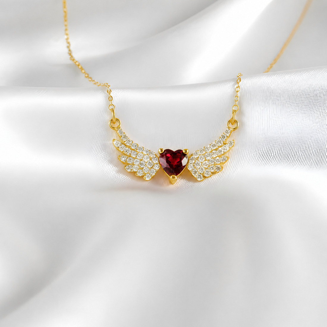 Ruby Angel Wing Heart Necklace In Gold