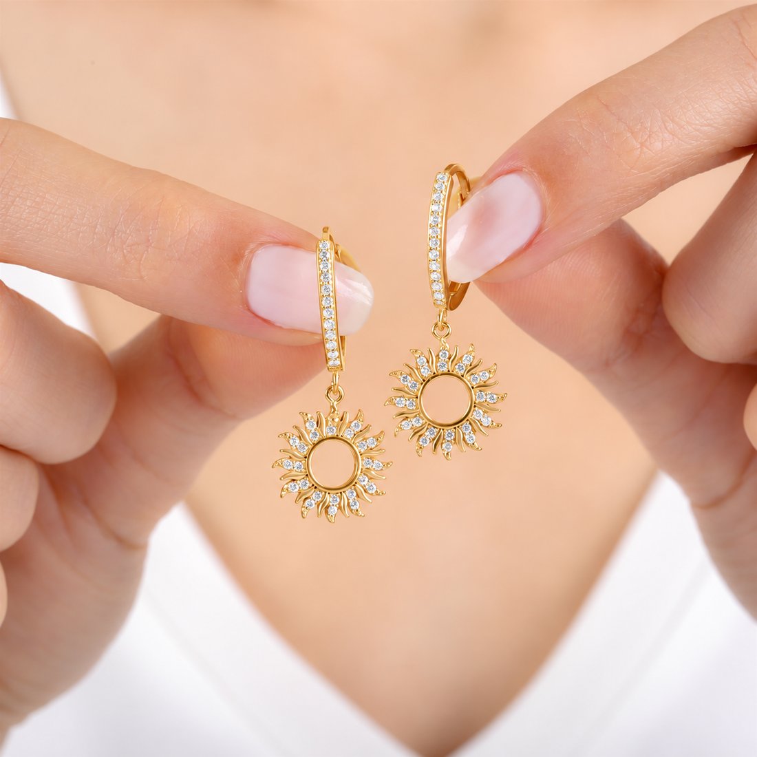 Sunburst Halo Drop Earrings In Gold
