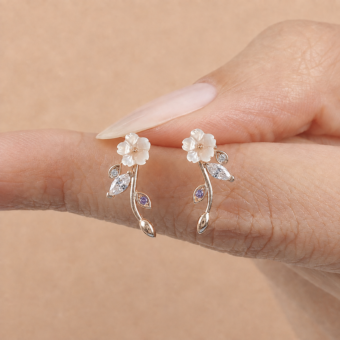 Magnolia Flower Vine Stud Earrings In Rose Gold