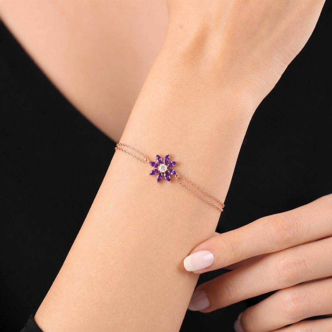 Amethyst Sunburst Bracelet In Rose Gold