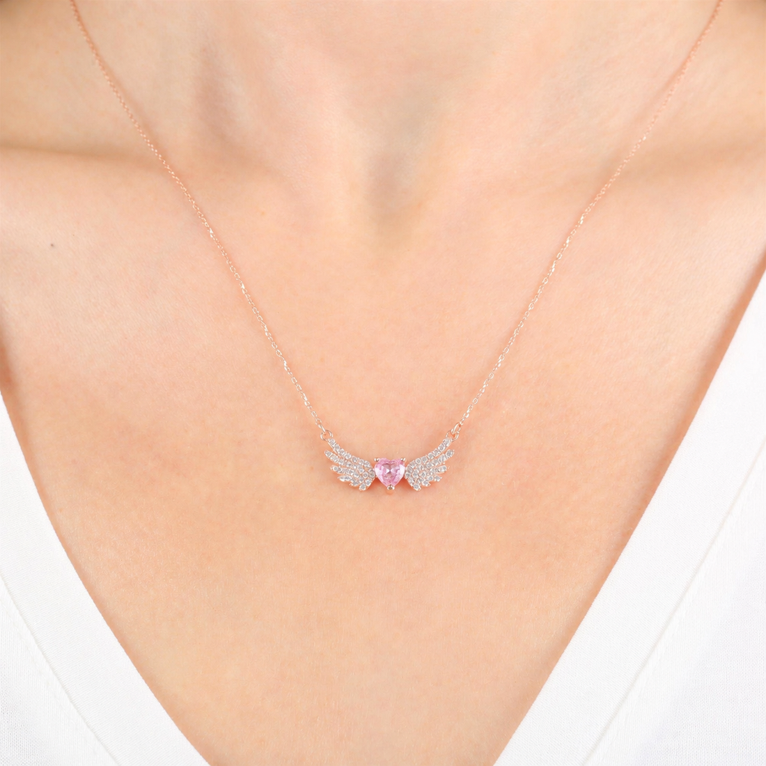 Pink Angel Wing Heart Necklace In Rose Gold