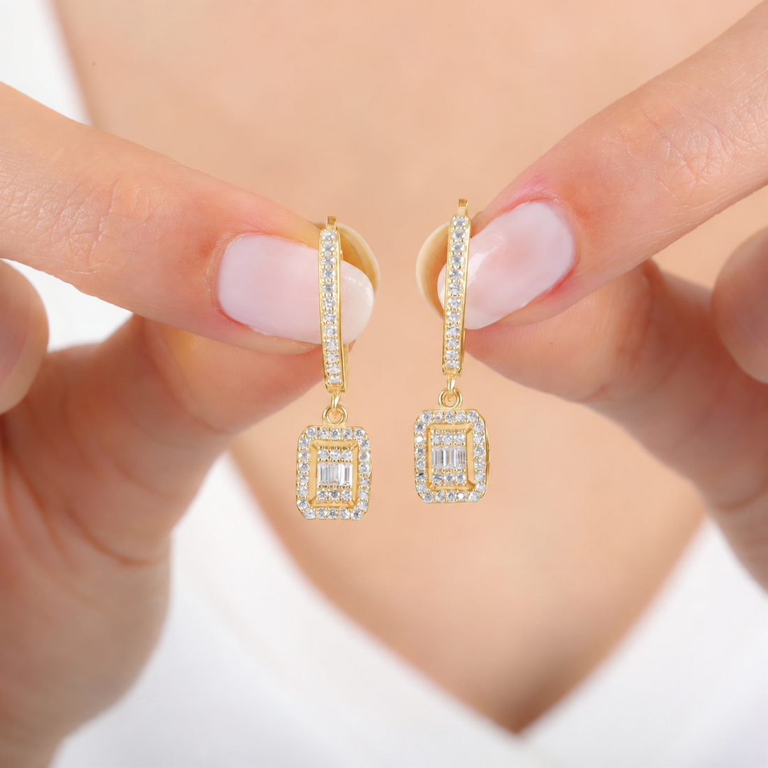 Crystal Baguette Halo Drop Earrings In Gold