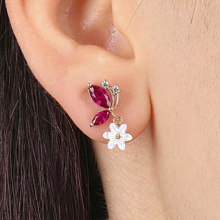 Ruby Magnolia Flutter Drop Earrings In Rose Gold