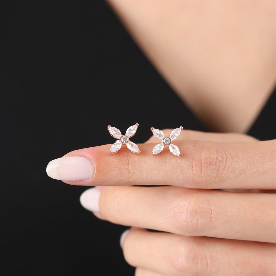 Crystal Petal Stud Earrings In Rose Gold