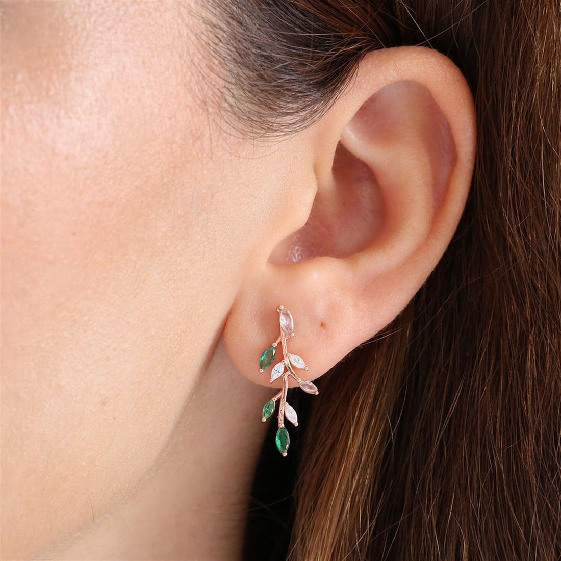 Emerald Laurel Climber Earrings In Rose Gold