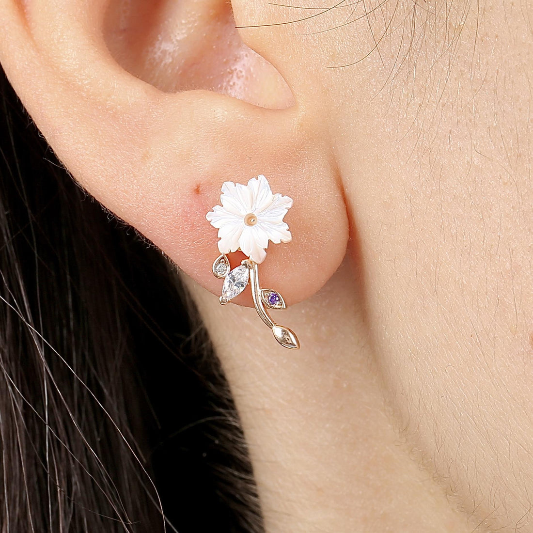 Magnolia Flower Vine Stud Earrings In Rose Gold