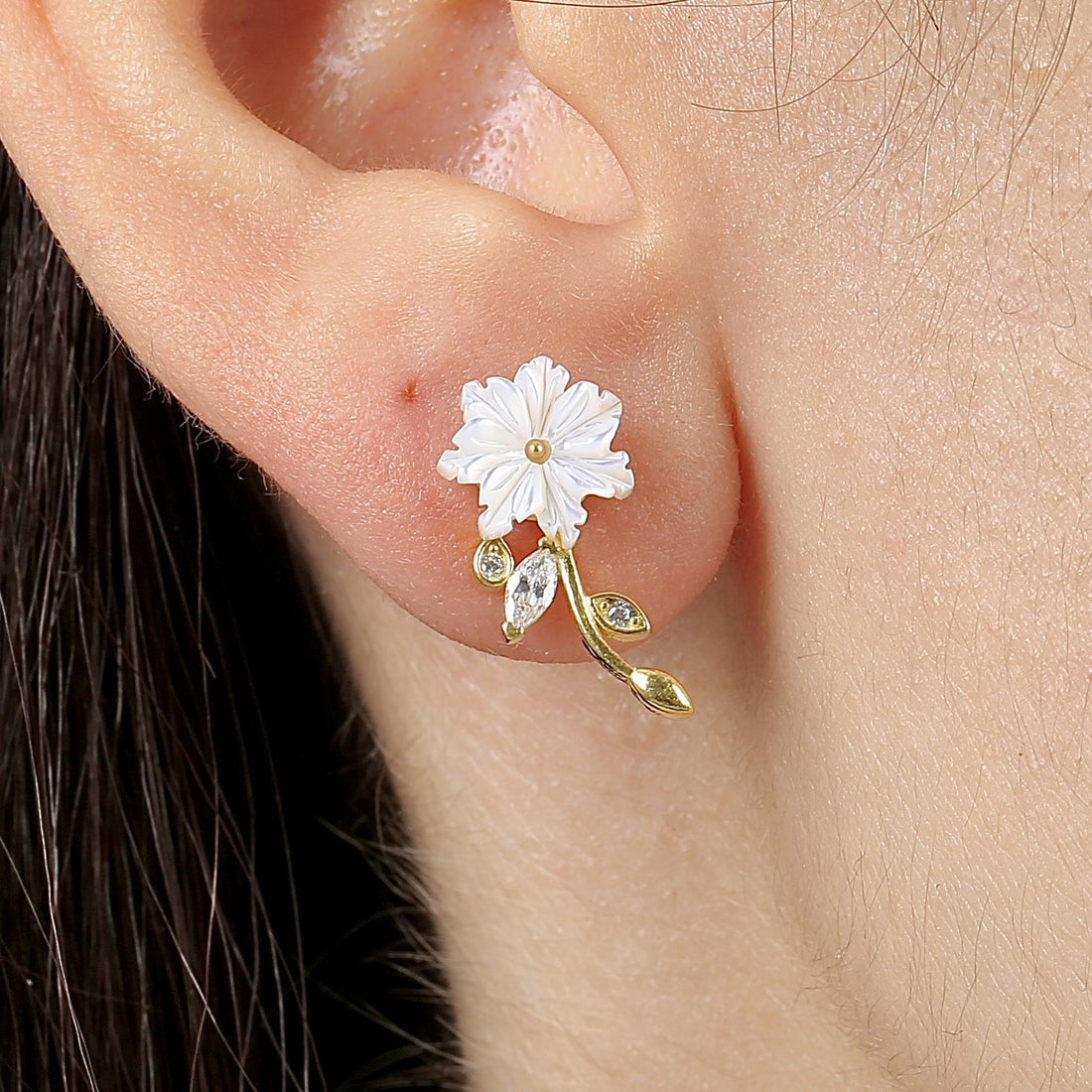 Magnolia Flower Vine Stud Earrings In Rose Gold
