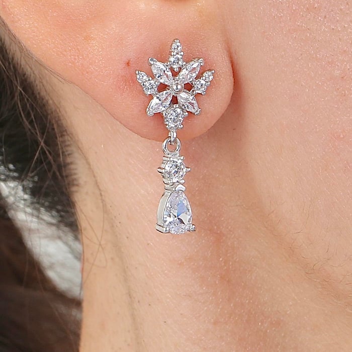 Crystal Sunburst Teardrop Silver Earrings