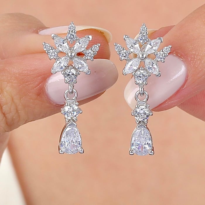 Crystal Sunburst Teardrop Silver Earrings