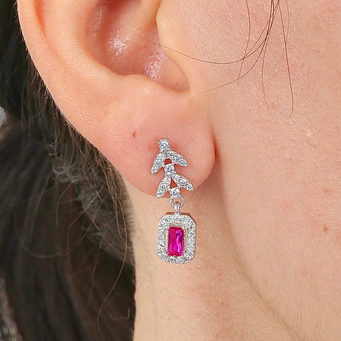 Ruby Red Leaf Halo Drop Silver Earrings