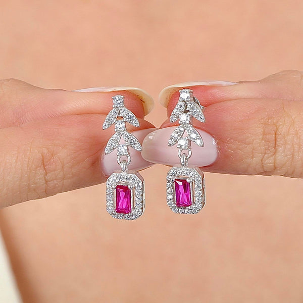 Ruby Red Leaf Halo Drop Silver Earrings