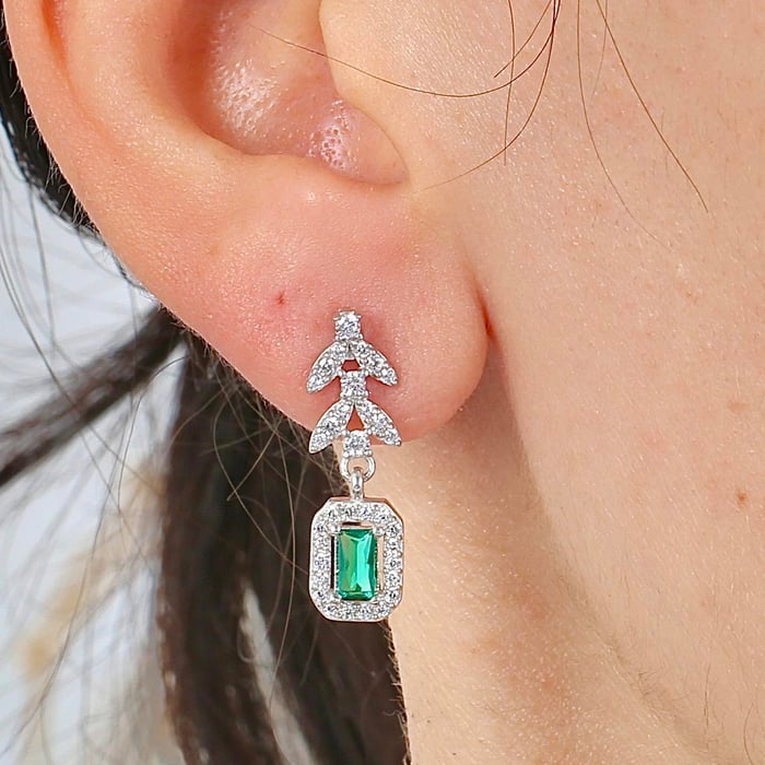 Emerald Vine Halo Drop Silver Earrings