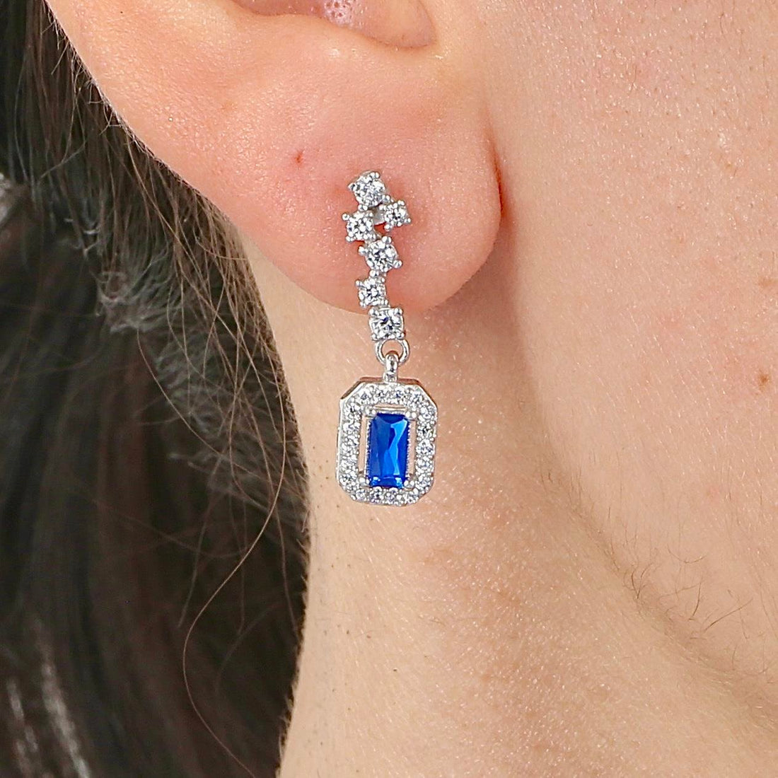 Midnight Sapphire Halo Drop Silver Earrings