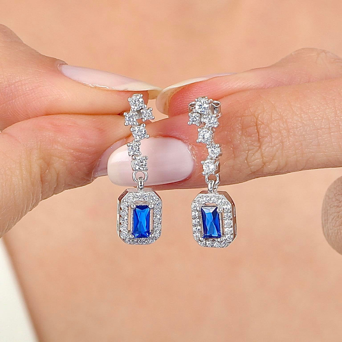 Midnight Sapphire Halo Drop Silver Earrings