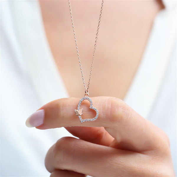 Sparkling Heart & Butterfly Necklace In Rose Gold