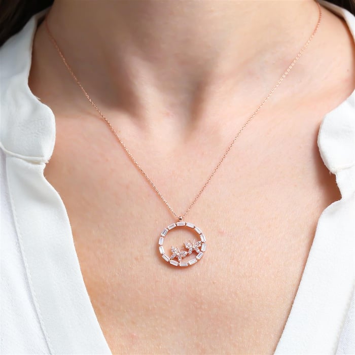 Baguette Halo Butterfly Necklace In Rose Gold