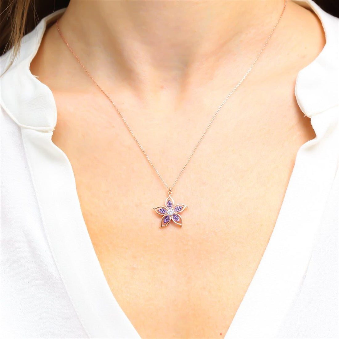 Amethyst Bloom Flower Necklace In Rose Gold