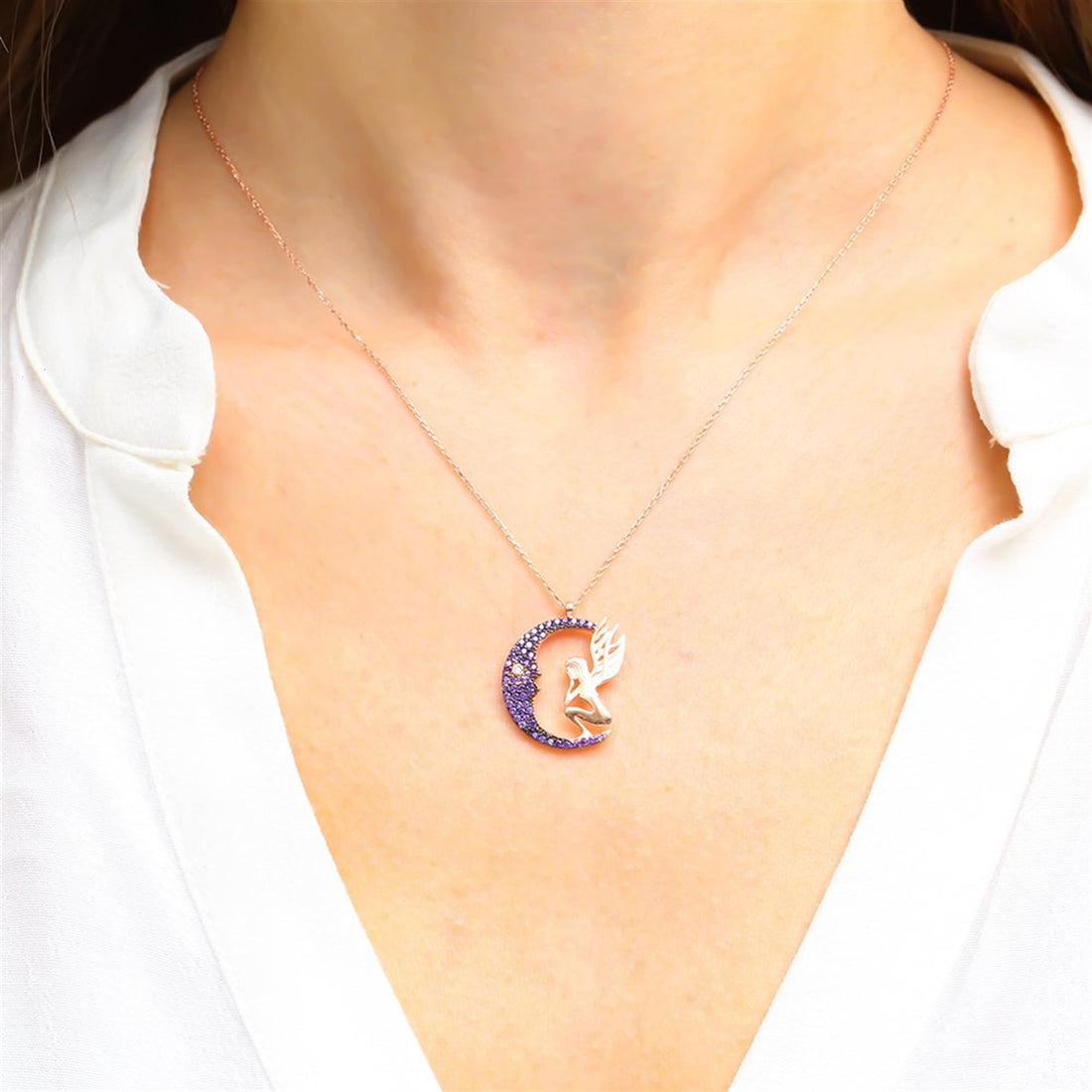 Amethyst Moon Fairy Necklace In Gold