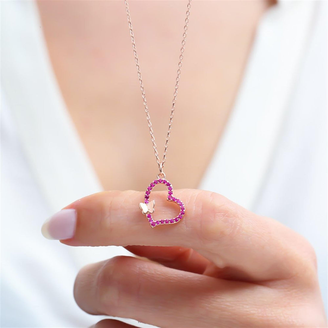 Fuchsia Heart & Butterfly Necklace In Rose Gold