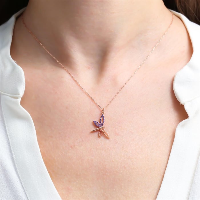 Amethyst Dragonfly Necklace In Rose Gold